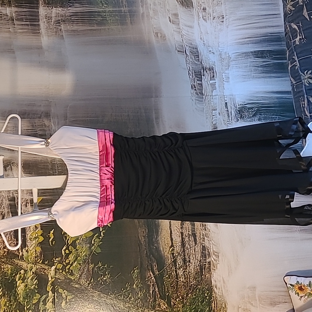 Deb Womens Large black pink white colorblock formal dance prom dress